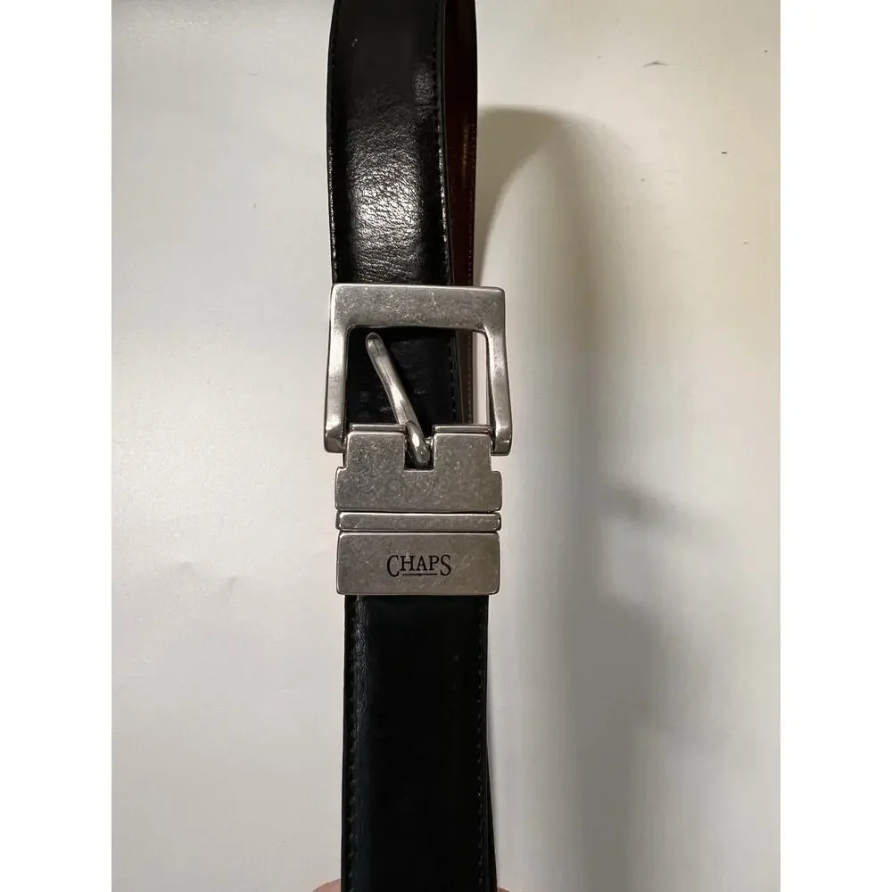 CHAPS Reversible Belt Black & Brown Mens 40-46 Leather Silver tone Buckle Preppy
